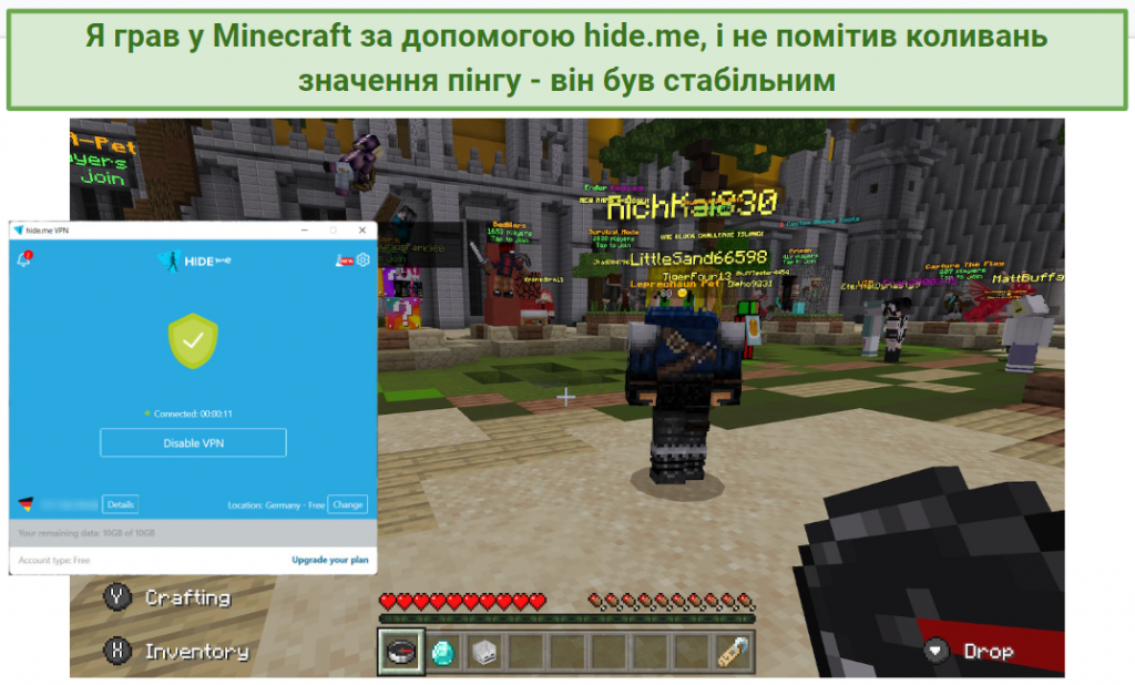 Screenshot of Minecraft working with hideme VPN