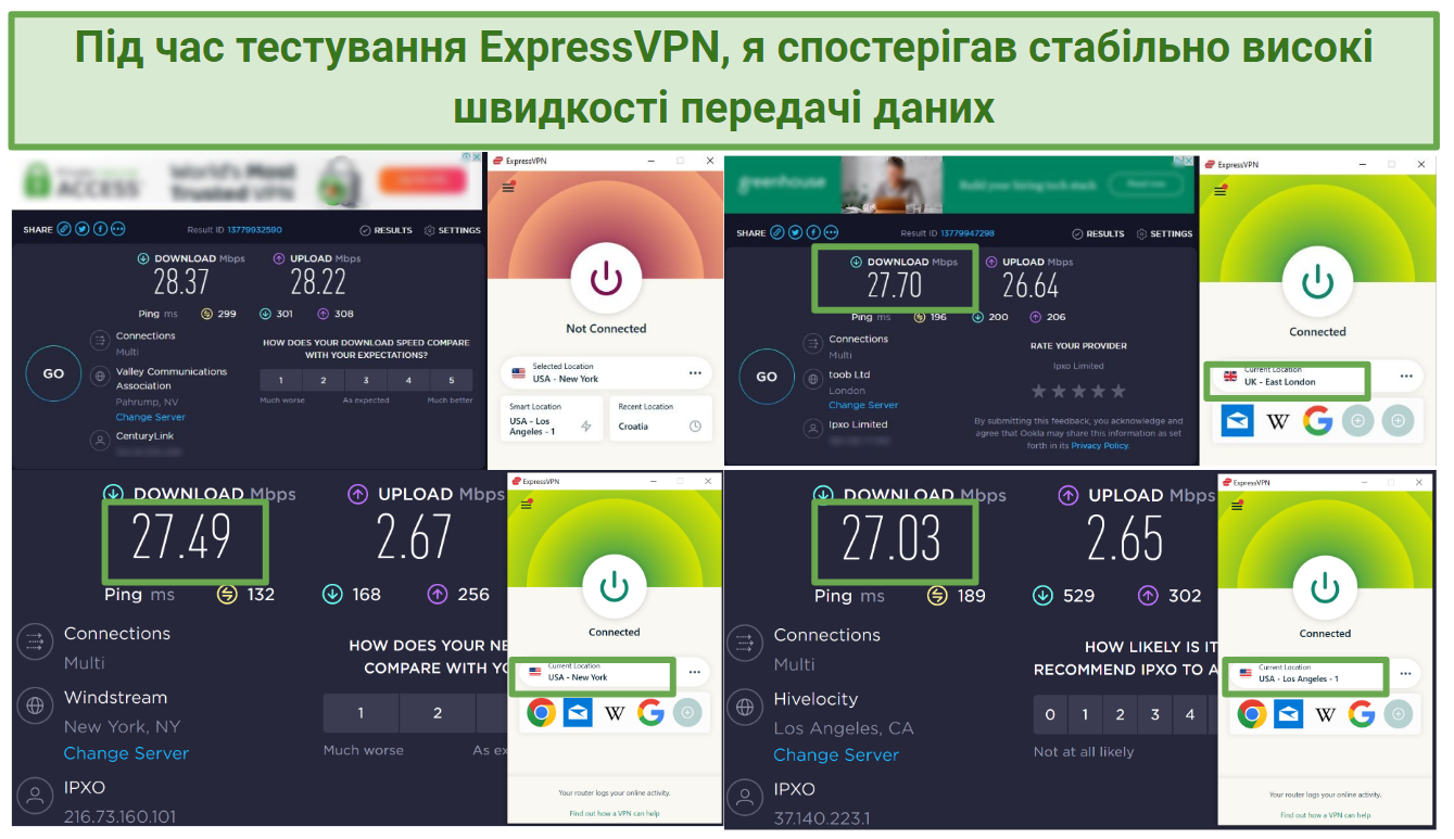 Screenshots of speed tests while connected to some of ExpressVPN's servers